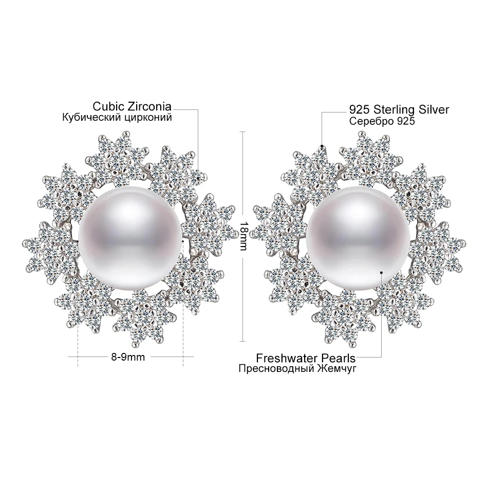 Серьги с цветком из чистого 925 пробы серебра и жемчуга для женщин, ювелирные изделия для невесты 8-9 мм, белые пресноводные свадебные жемчужные серьги, подарки