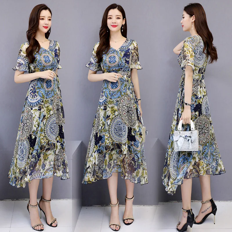 

2019 summer pattern long sleeves slim slim wild trend simple personality fashion round neck ladies dress