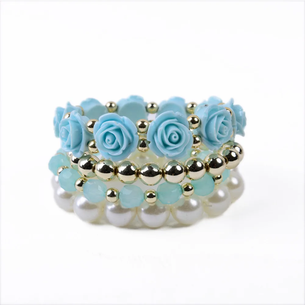 STRATHSPEY Girls Lovely Blue Resin Rose Flower Chunky Strand Stretch Bracelets Bangle Four Rows Imitation Pearl Dress Jewelry | Украшения и