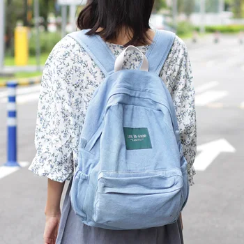 

102518 female vintage denim backpack student schoolbag lady canvas travel bag