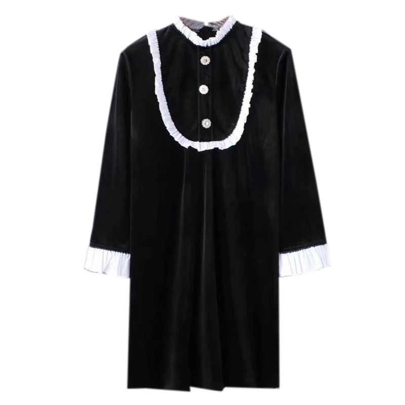 

PERHAPS U black vintage stand collar wrist sleeve short elegant dress autumn straight velvet retro button ruffle D0835