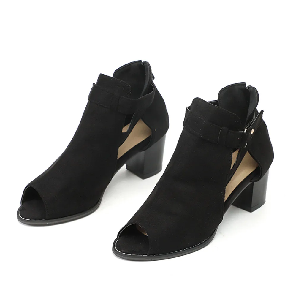 Для женщин модные сандалии летние флоковые из флока квадратном каблуке Базовая Повседневное однотонные Цвет квадратном каблуке с пряжкой в римском стиле сандалии Для женщин F1132