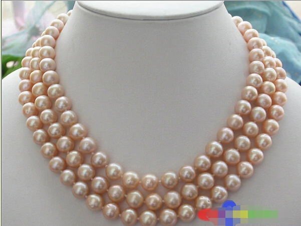 

Free shipping@@@@@ AA++ 3ROW 10mm PINK ROUND FRESHWATER PEARL NECKLACE FLOWER P1936
