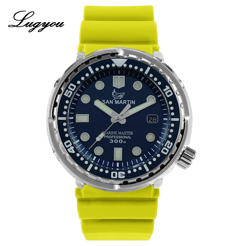 

LUGYOU San Martin TUNA Automatic Men's Diving Watch Stainless Steel 30Bar Waterproof Rubber Strap Blue Glow Sapphire Date