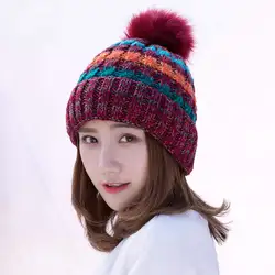 2018 женский зимний ребристый трикотажный шапка с помпоном контрастного цвета, простая шерстяная шапка с манжетой, утолщенная с милым