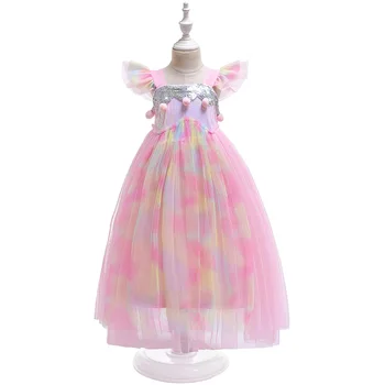 

Fashion Girls Sequins Pom Pom Long Tutu Dress for Toddler Teens Girls Halloween Cosplay Dress Flying Sleeve Princess Rainbow