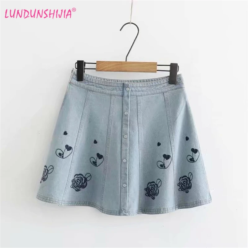

LUNDUNSHIJIA High Quality 2019 Summer New Arrival Women Denim Skirts Flowers Embroidery Ladies Cowboy Mini Skirts