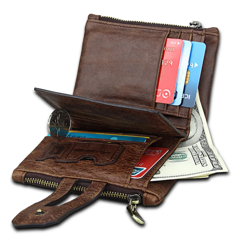 Genuine Leather Men Wallets Zipper Hasp Rfid High Quality Short Wallet