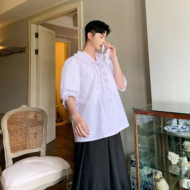 

MIXCUBIC 2019 summer College style retro lazy unique Lace wrinkle design shirts men casual loose lace shirts M-XXL
