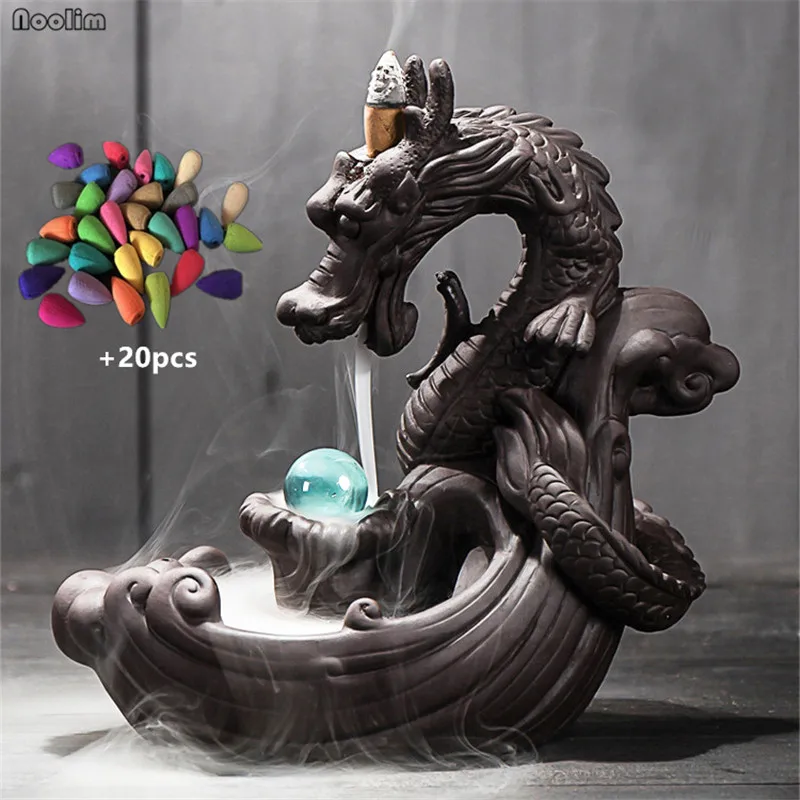 

Ceramic Dragon Backflow Incense Burner Creative Home Office Decor Incense Holder Censer With Crystal Ball + 20Pcs Incense Cones