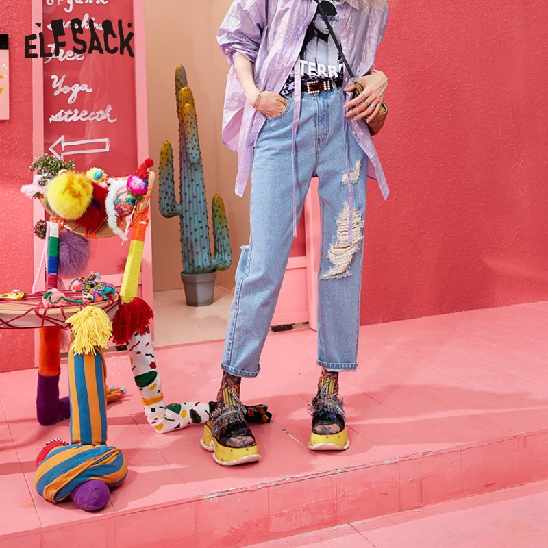 

ELF SACK Sky Blue Frayed Denim Women Pants Casual Mid Waist Straight Jeans 2019 Summer Streetwear Loose Female Trousers