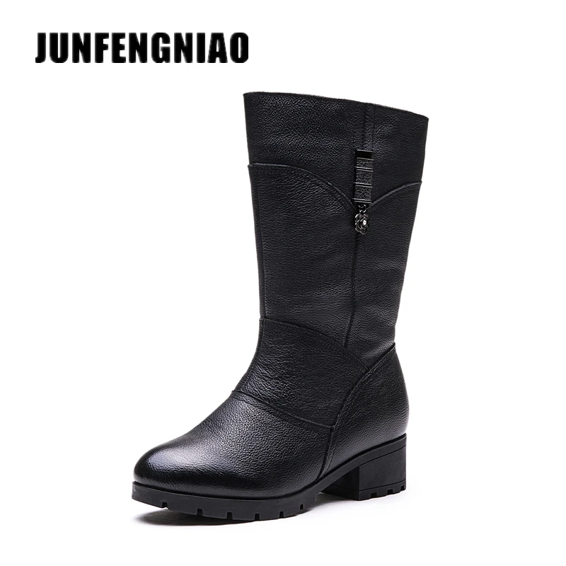 

JUNFENGNIAO Women Casual Boots Shoes Female Cow Genuine Leather Hoof Heels Texture Knee High Winter Fur Plush Warm GZXM-665