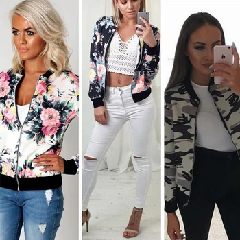 

Women fashion new style Casual Zipper Short Biker Bomber Jacket Classic Coat Tops Floral Print Blouse basic coats