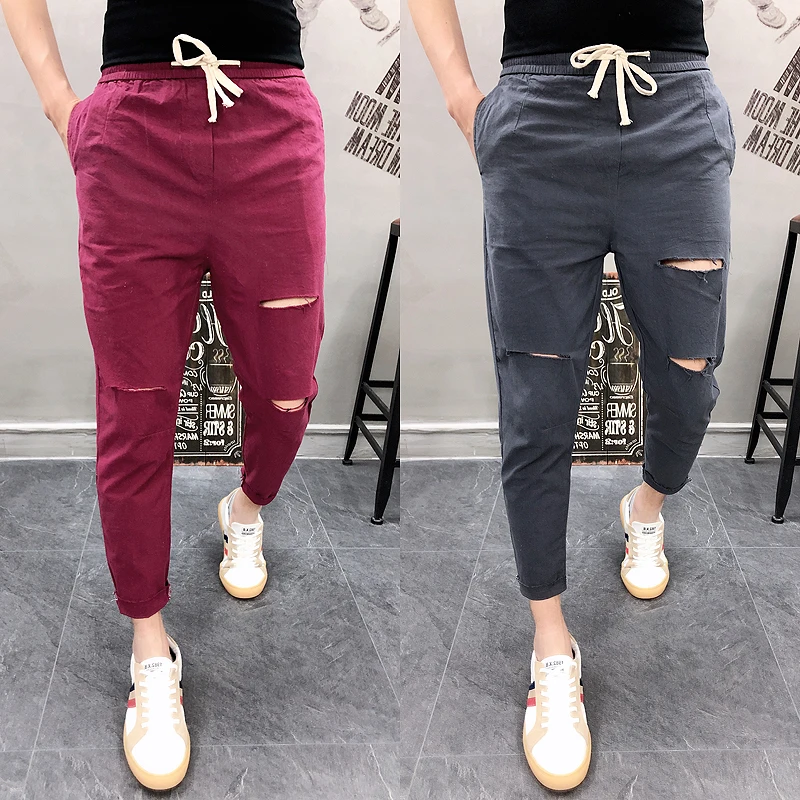 

Casual Hole Harem Pant Slim Fit Men Joggers 2019 Ankle Pants Male Pants Streetwear Pantalones Hombre Moletom Masculino