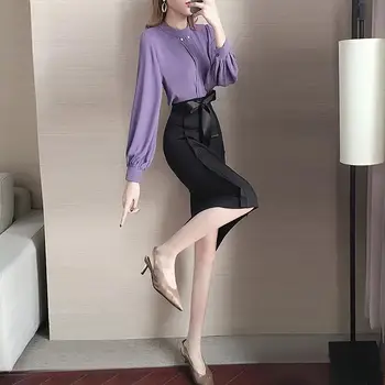 

2019 Spring Autumn Women Pearls Decorate Solid Top Shirt+Bow Sashes Slim Straight Skirt Set Lady OL Sexy Split Skirt Suits Y86