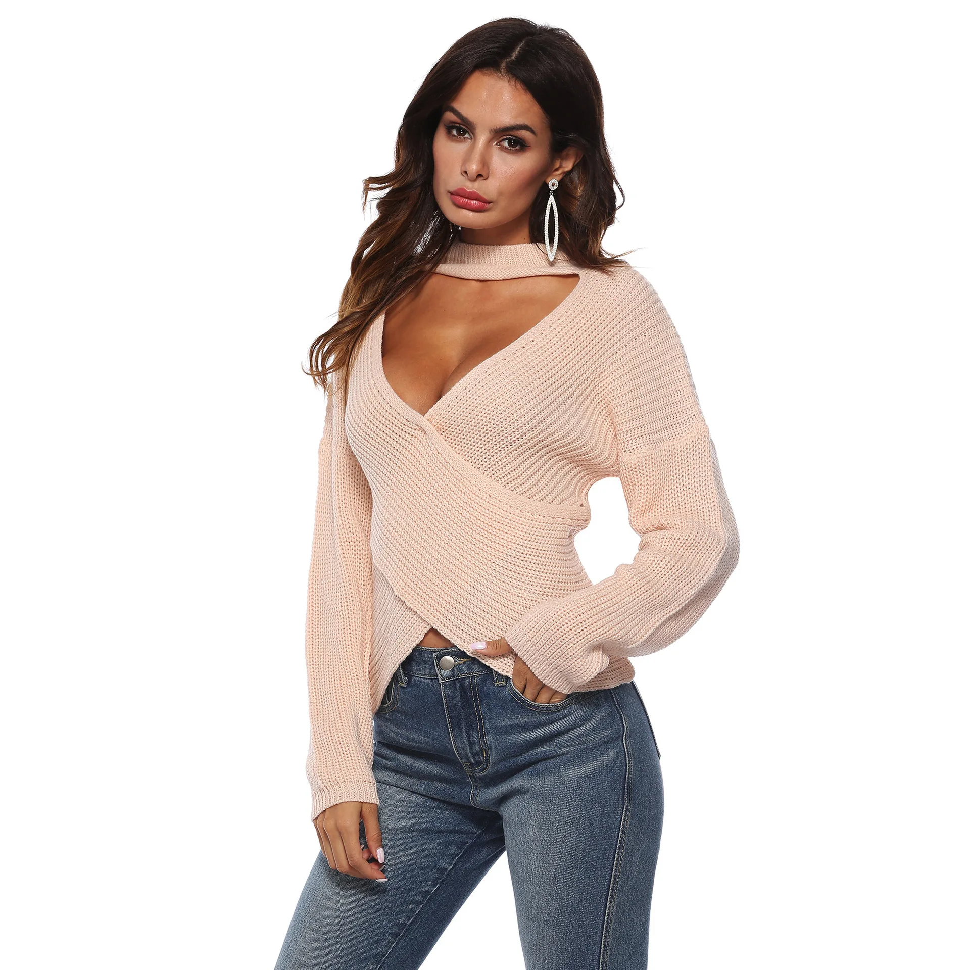 women cardigan sexy sweater cross-chest long-sleeved lady's V neck turtleneck solid sweater with scarf winter evening wear Sweaters