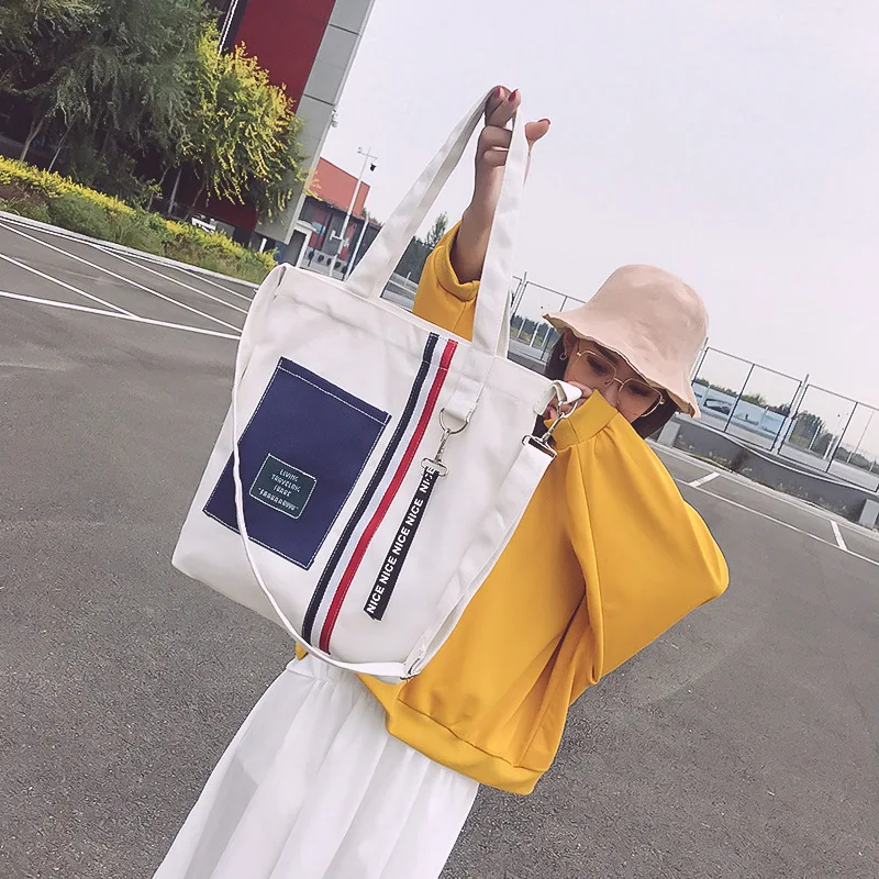 

Hazy Beauty Black White Canvas Cloth Bag Female Korean Style Single Shoulder Shopping Bag Soft Foldable Eco School Bags Girls