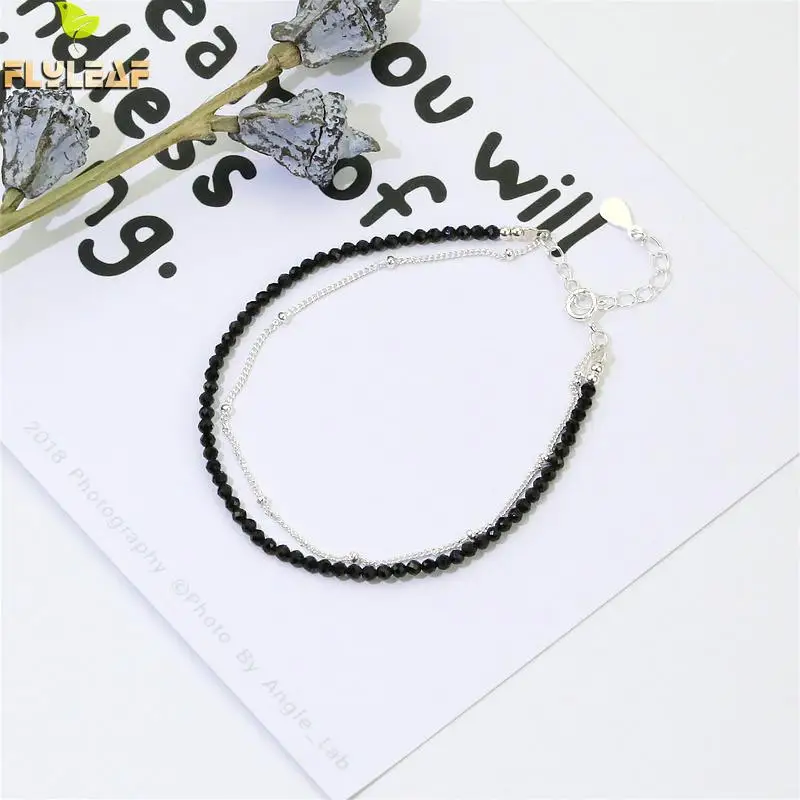 

Flyleaf 925 Sterling Silver Necklace Women Black Spinel Double Layer Fashion Chain Fine Jewelry Simple Necklaces & Pendants