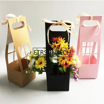 

100pcs Flower Basket Paper Carton Portable Flowers Packing Box Waterproof Florist Fresh flower Carrier Bag In Brown Black Pink