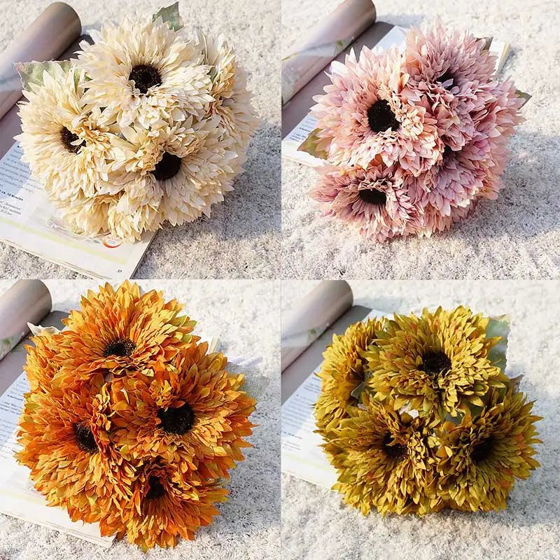 

New 6 Heads Artificial Sunflowers Bouquet Leaves Party Holding Flower Home Decoration for indoor and outdoor