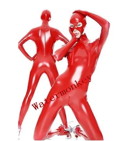 

Adult Sexy Women Full Body Red Shiny PVC Suit Open Eyes And Mouth Fancy Dress Zentai Suit with Breast zipper
