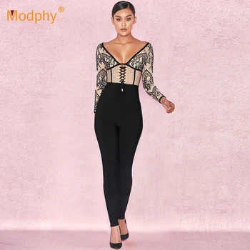 

2019 spring women's full length bandage jumpsuit black long sleeve deep V-neck lace Bodycon jumpsuit club party jumpsuit