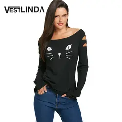 Vestlinda Для женщин футболки Повседневное осень кошка одежда Для женщин s Топы кот лицо печати с длинным рукавом рваные футболки Женская