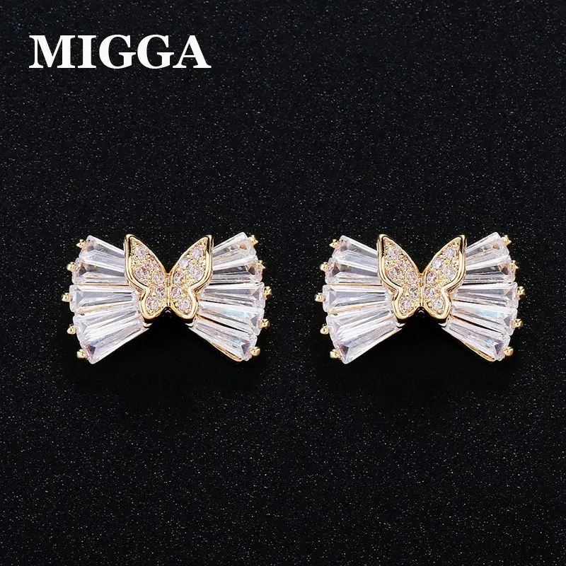 

MIGGA Shining CZ Stone Cubic Zircon Bowknot Stud Earrings Gold/Silver Color Butterfly Earrings for Women Girls