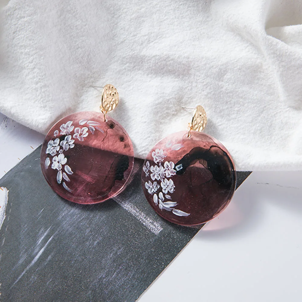 

Simple Round Drop Style Acrylic Pendant Hanging Earrings for Women Dangle Geometric Hand-Painted Plum pattern Earrings Jewelry