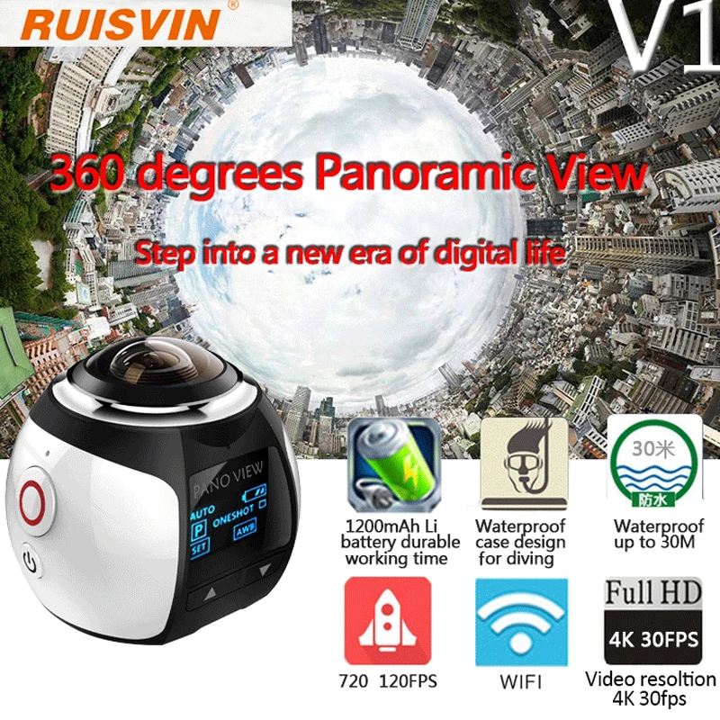 

RUISVIN hot sell V1 4K 360 Action Camera Mini Wifi Panoramic Camera Ultra HD Waterproof Sport Driving VR Camera