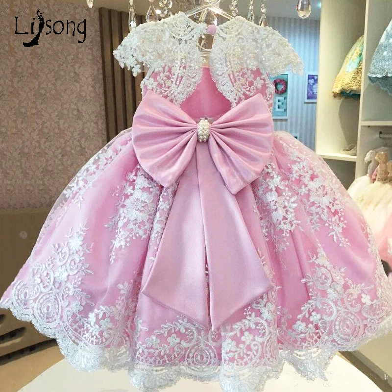 Розовое, белое платье с аппликацией и жемчугом для девочек, с большим бантом, круглым вырезом, длиной до колена, с короткими рукавами, на заказ, платья принцессы с цветочным узором для девочек