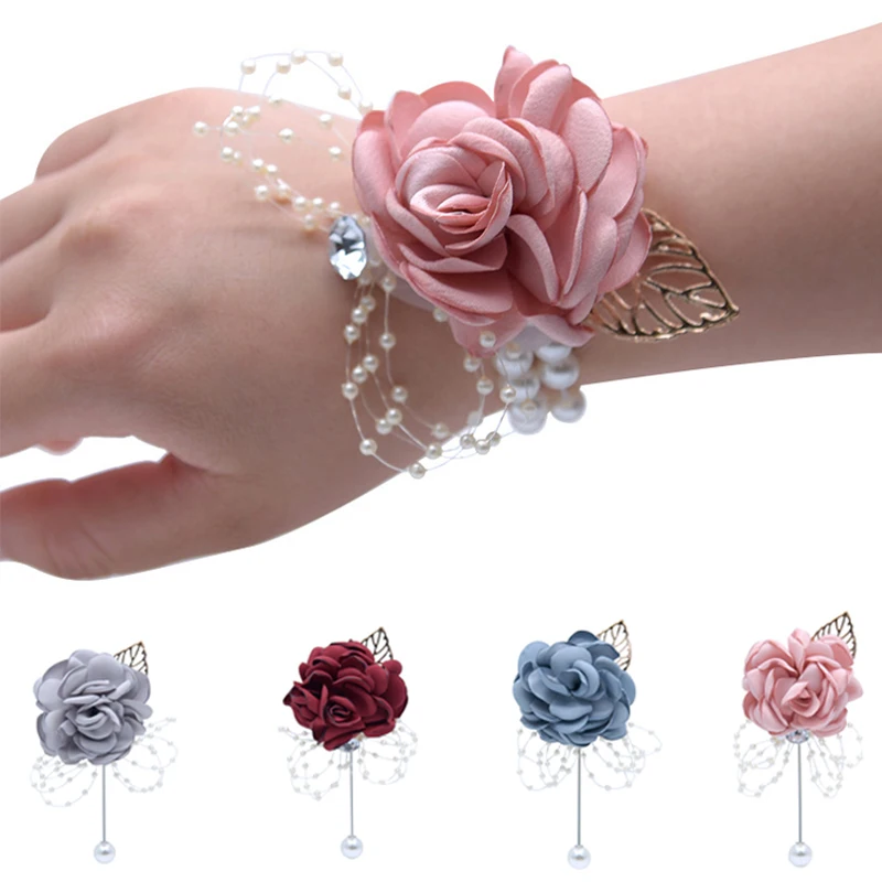 

Wrist Flower Satin Rose Boutonniere Crystal Corsage Brooches for Bride Bridesmaid Sister Group Wedding Supplies Bouquet Dance