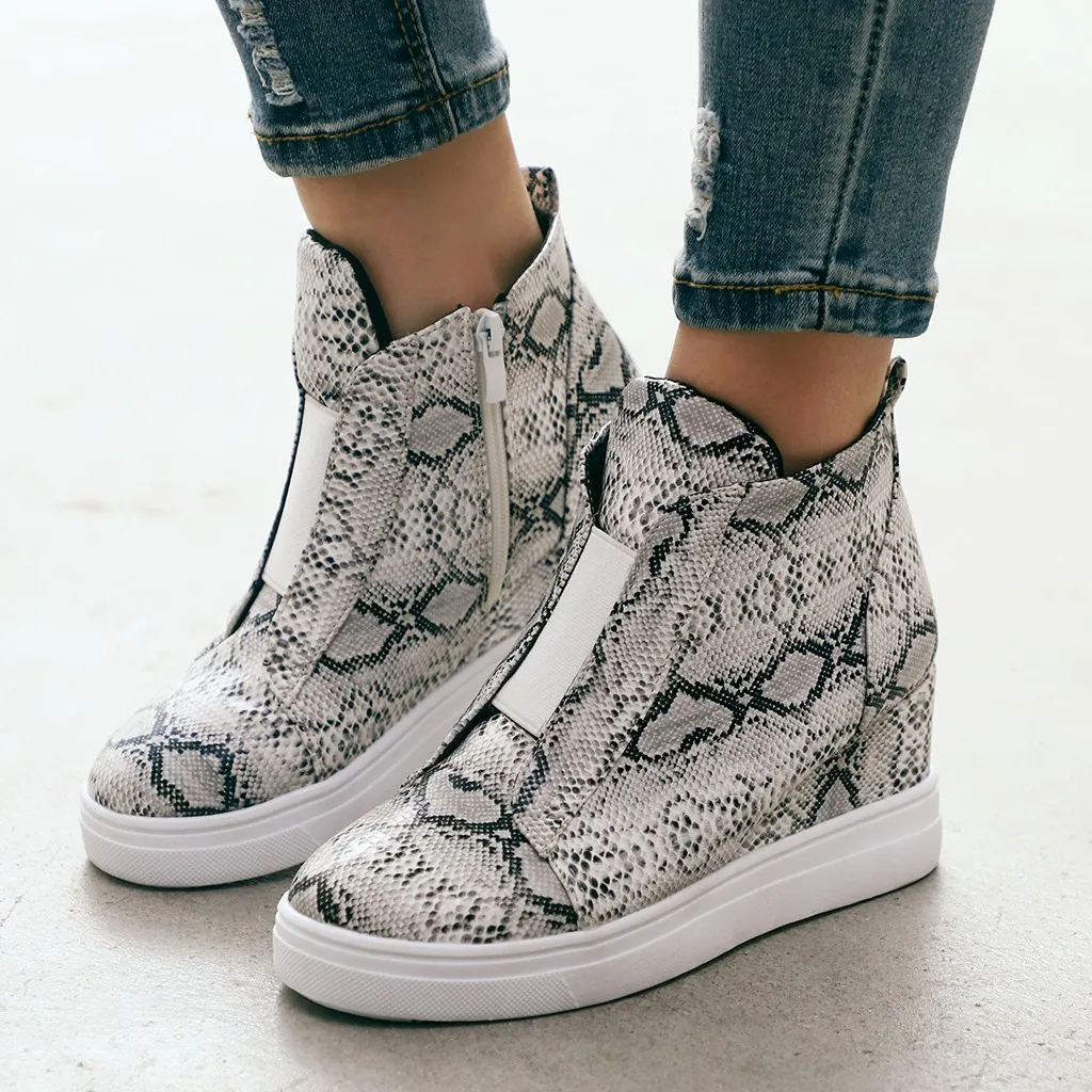

Women Zipper Boots Snake Print Ankle Boots Ladies Fashion Retro Wedges Round Toe Casual Ladies Sexy shoes Boots Zapatos De Mujer