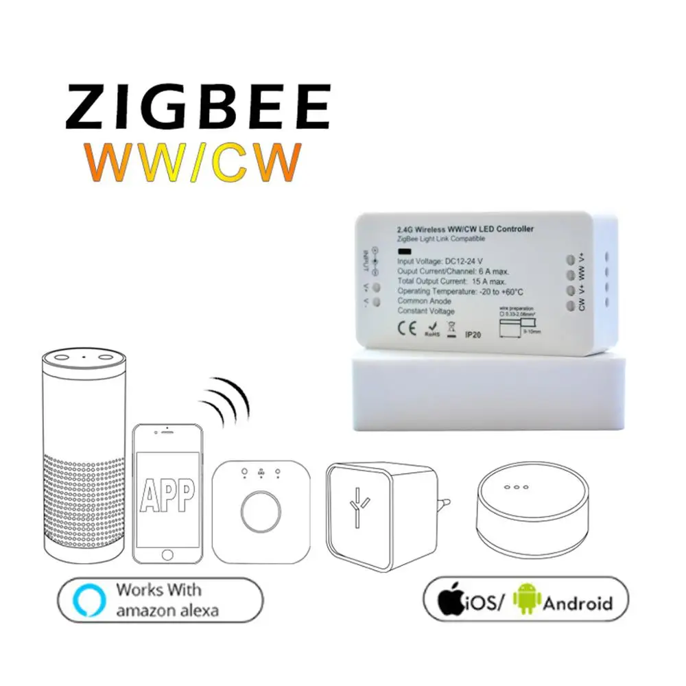 

ZIGBEE ZLL WW/CW LED Controller Warm White/Cold white dimmer strip Controller DC12/24V comptaible with amazon echo plus hue