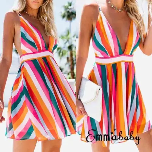 

Fashion Women Sleeveless Striped Dress Bridesmaid Party Mini Sling Dress Colorful Dresses Elegant