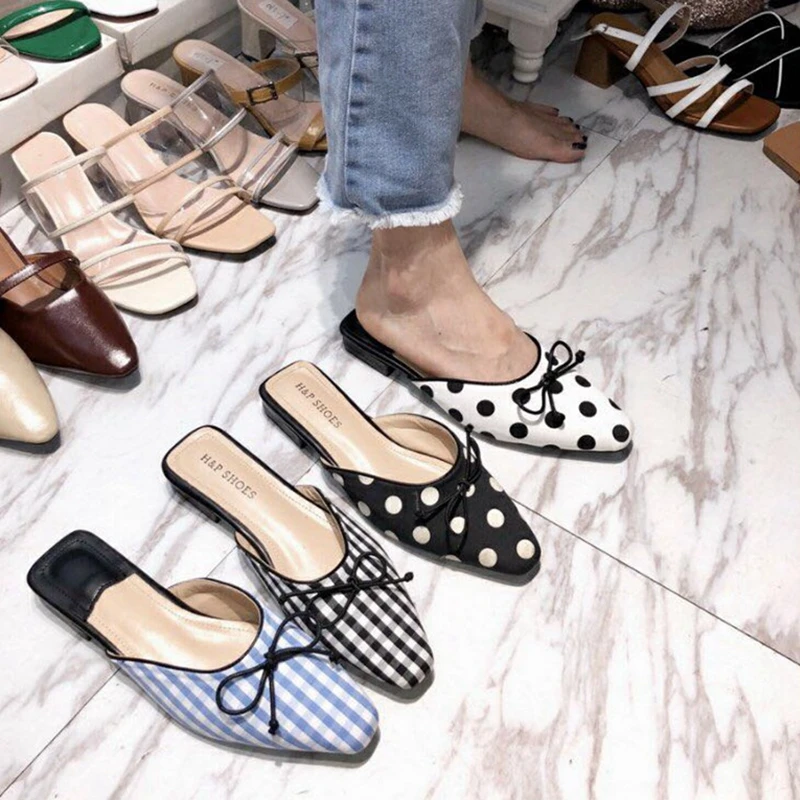 

2018 Women Slippers Fashion Polka Dot Slides Flat Women Shoes Low Heel Mules Retro Checkered Women Shoes Butterfly-knot Slippers
