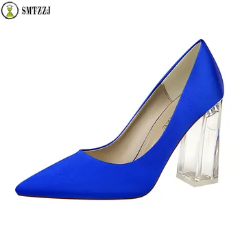 

2019 Luxury Brand Design Blue Green Evening Party Plus Size Satin Silk Women Pump Wedding Shoes Bride Clear Heels Crystal Pumps