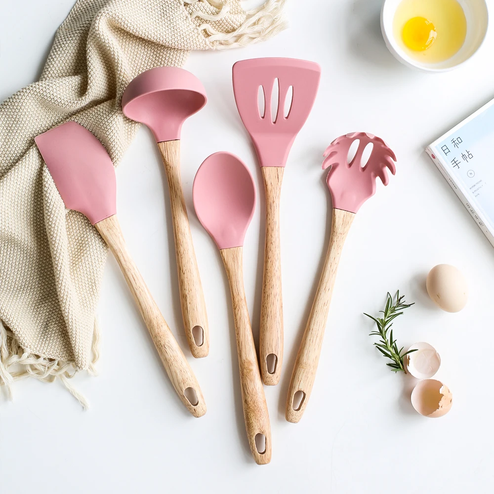 5Pcs/set Silicone Turner Soup Ladle Spoon Spatula Scraper Pasta Server Rotating Holder Cooking Utensils Cookware Baking Tools