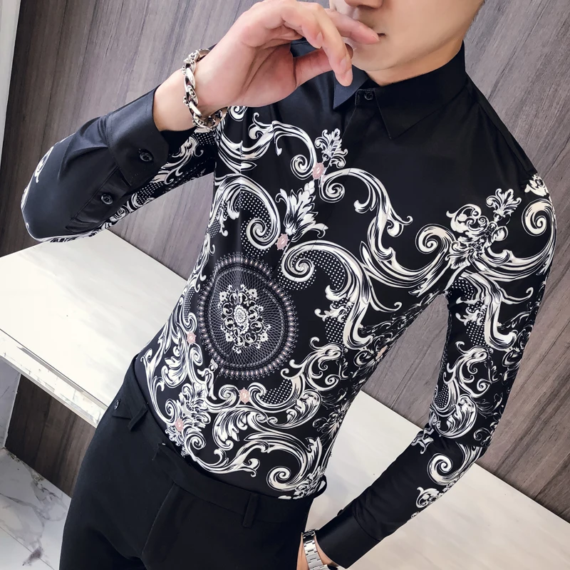 Prix Hommes Paisley imprimé chemise Camisa coupe ajustée Masculina Social chemises formelles pour hommes coupe ajustée vêtements coréens hommes bal Club chemise