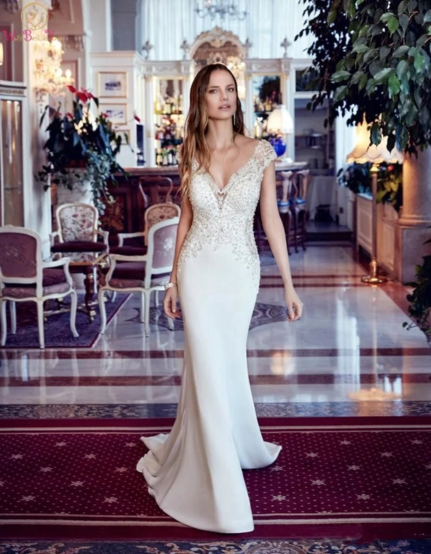 

2019 Fantastic Wedding Dress Design Sexy Deep V-neck Long Mermaid Open Back Appliques Sequins Beading Sweep Train Bridal Gown