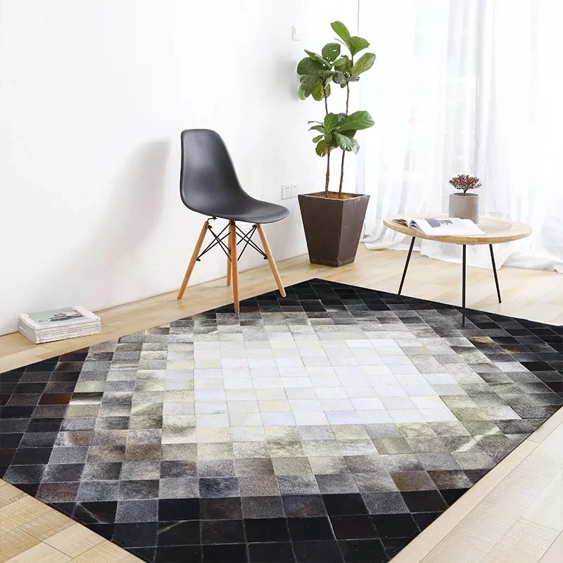 American Style Luxury Cowhide Seamed Patchwork Rug, Natural Cow Skin