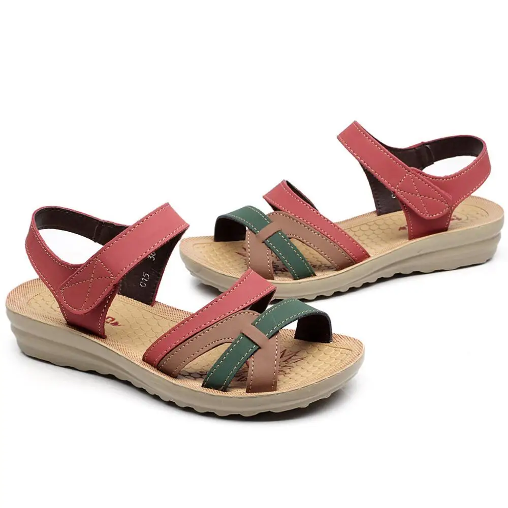 

Women Summer Leather Sandals Wedges Comfort Big Size Outdoor Shoes Ladies Fashion 2019 flat soft sandalia feminina footwear