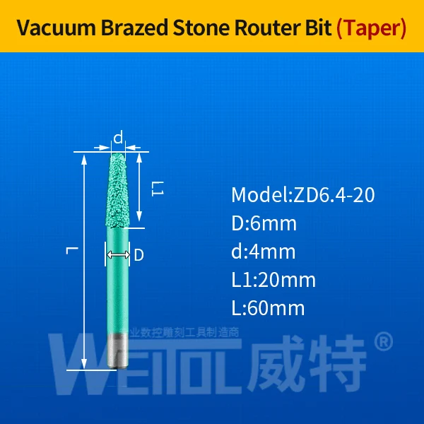 WeiTol 1 шт 6 мм Вакуумные Паяные фрезы для обработки камня ЧПУ мраморные режущие инструменты камень для станка с ЧПУ режущие биты для гранита - Длина режущей кромки: ZD6.4-20
