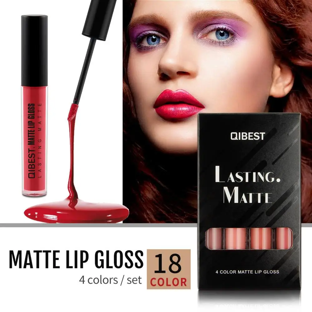 Qibest 4PCS Liquid Lipstick Set Long-Lasting Matte Lip Stick Make Up Waterproof Velvet Batom Nude Sexy Lip Gloss Cosmetics Kit
