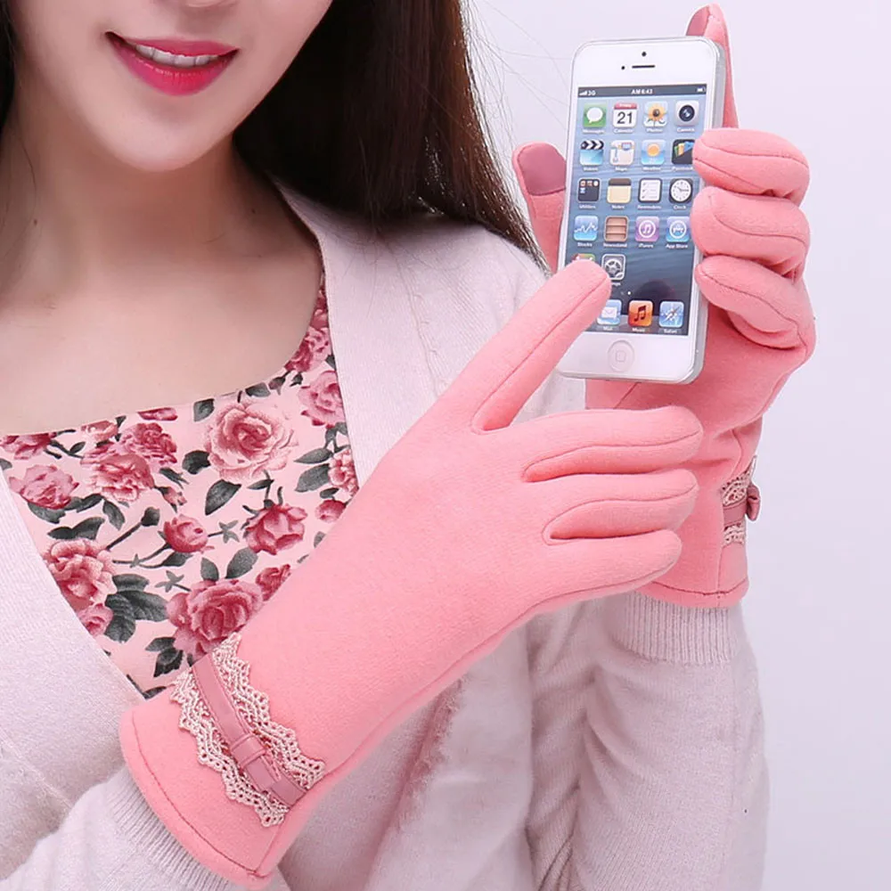 Зимние перчатки, кружевные осенне-зимние теплые перчатки с бантиком, Женские теплые митенки Eldiven, Женские перчатки#10 - Цвет: Pink
