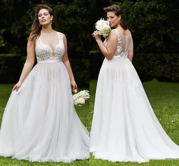 

Country Plus Size Wedding Dresses 2019 Illusion Jewel Covered Button Sweep Train Lace Appliques Long Bridal Gowns Customized