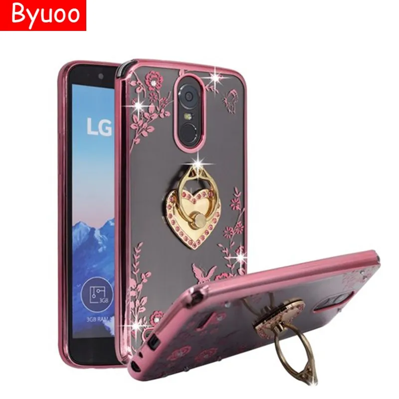 

Byuoo Bling Flower Soft Bumper Clear Gel TPU Crystal Stand Case Metal Ring Holder Cover For LG K8 K10 G3 G4 G5 For LG G6 Cover