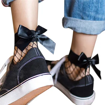 

1 Pair Women Large Fishnet Ankle High Socks Hollow Thin Bow Tie Mesh Lace Fish Net Short Socks Female Lolita Cosplay Accessory