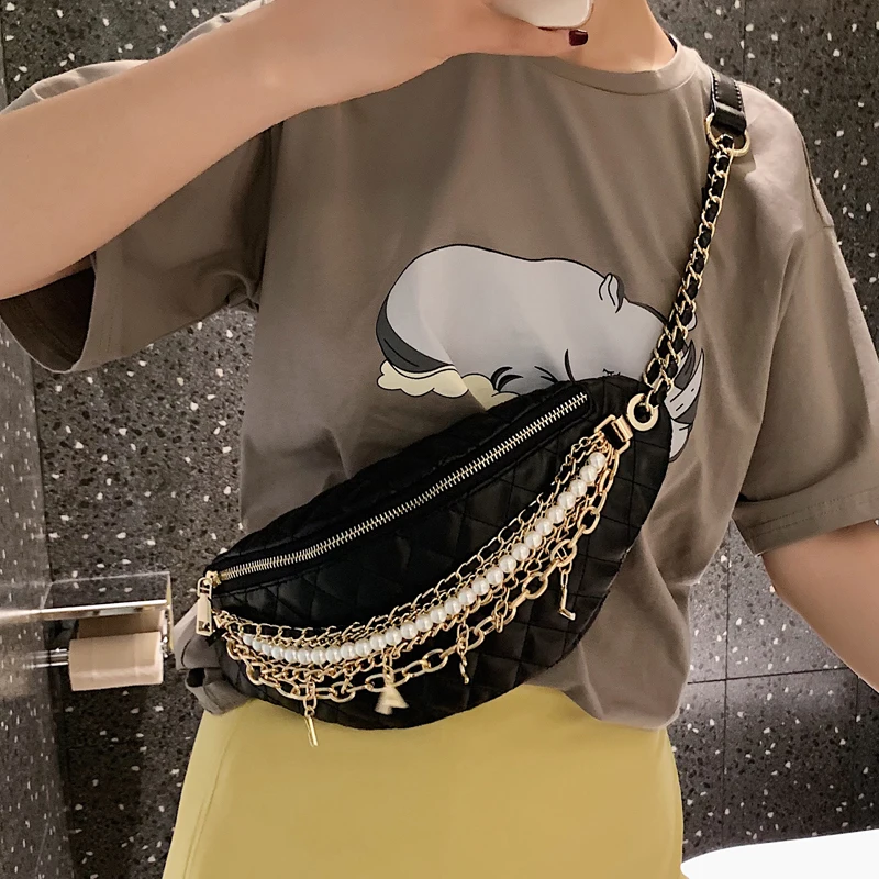 Cool Chain Gold Letters Plaid Leather Fanny Waist Pack Waist Bag Casusl Waterproof Antitheft Leather Muti-function Bag for Women