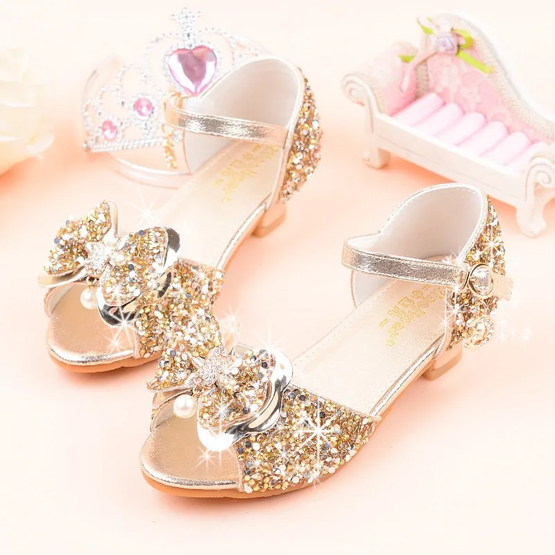 2019 Girls Rhinestone Open-toed High-Heeled Sandals, Kids Bow-knot Pearl Performance Dance Princess Glitter Shining Summer Shoes (1)